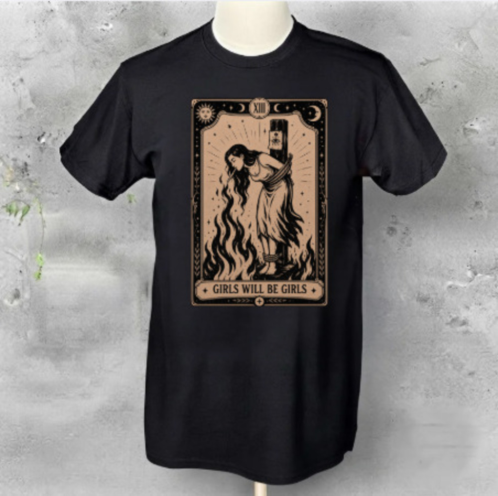 Girls Will Be Girls Tarot Card Witch Fire Burning Occult Vintage Black T-Shirt
